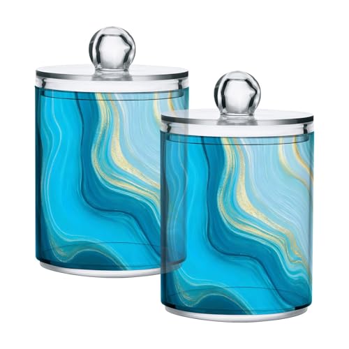 2 Pack Qtip Holder Organizer Dispenser Teal Turquoise Blue Marble Bathroom Storage Canister Cotton Ball Holder Container for Cotton Pads (2 Count)