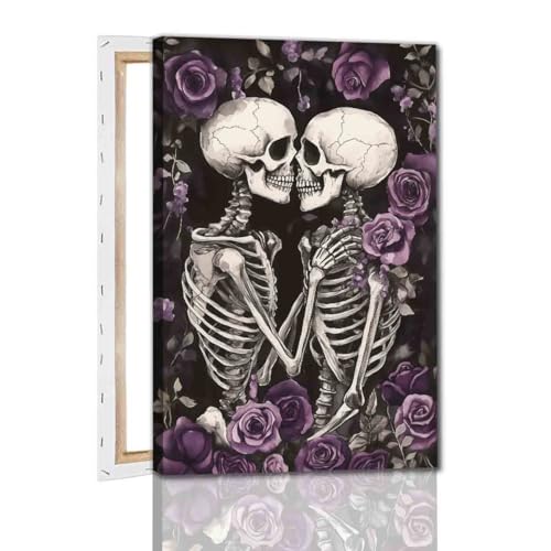 Gothic Skull Wall Art Skeleton Lover Poster Gothic Skull Wall Art Vintage Skeleton Print Horrible Posters Kissing Poster Dark Moody Paintings Dark Academia Canvas Living Room Decor 16x24inch Framed