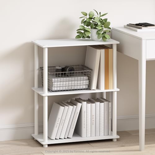 Turn-N-Tube Book Shelf, 3-Tier Bookshelf, Bookcase with Multipurpose Compact Display Rack, 11.6 x 23.6 x 29.6, for Living Room, Bedroom, Home Office, White/White