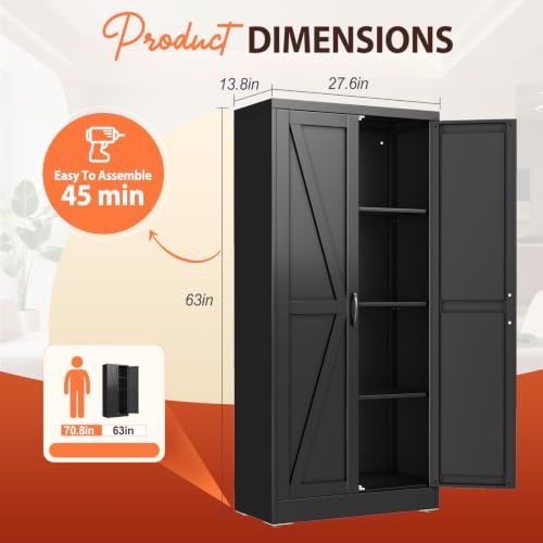 63" Black Metal Storage Pantry Cabinet