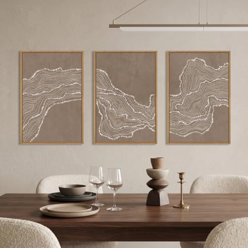 Abstract Neutral Wave Line Framed Canvas Wall Art Set