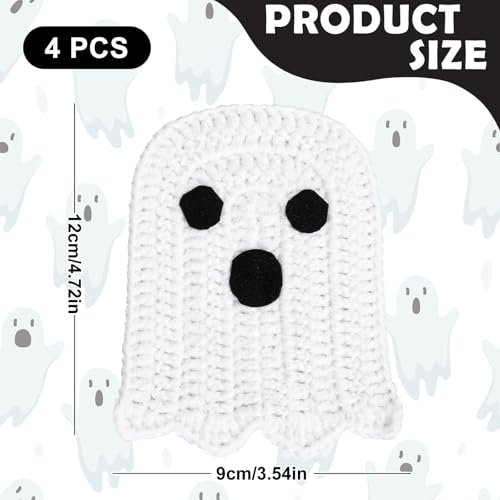 4Pcs Halloween Ghost Coasters Handmade Crochet Drink Coasters Woven Fabric Cup Mat for Home Kitchen Party Table Decor (4 Count)