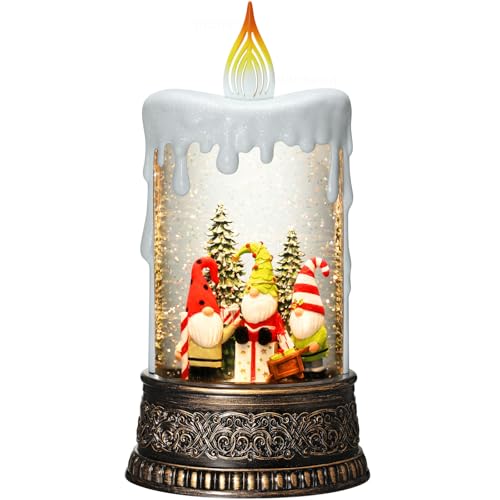 Gnome Snow Globe Candle Christmas Decorations Gifts Auto Snowfall Glitter Music Collection with 6H Timer USB