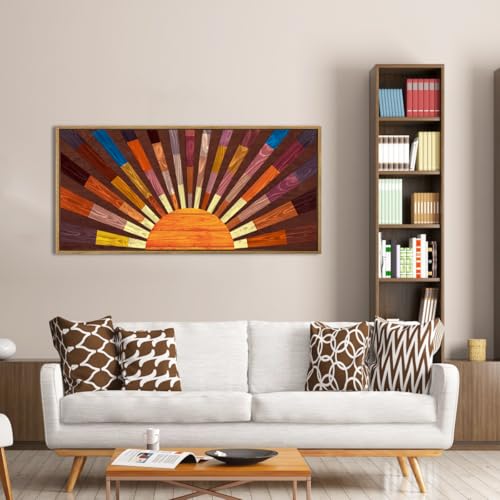 Extra Large Wood Sun Framed Wall Art 20x40 Inch Boho Sunrise 3D Geometric Wall Decor Mid century Sunshine Painting for Living room Bedroom Dining room Single