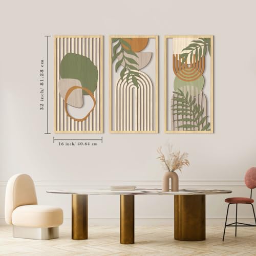 Boho Mid Century Modern Wood Wall Art 16x32 Inch Large Green Abstract Wood Wall Decor Mid Century Bohemian Artwork for Bedroom Living Room Office Kitchen Set of 3