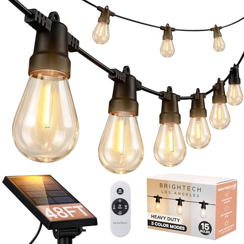 48 (42+6) FT Ambience Pro Outdoor Solar String Lights - Bright Remote Control Color Adjustable Solar Light - Commercial Grade, 15 Waterproof LED Bulbs for Patios, Camping, Yard, Outside (48 Foot)