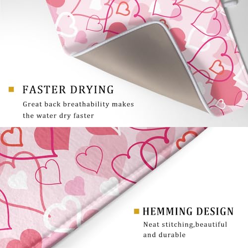 Valentines Day Dish Drying Mat for Kitchen Pink Hearts Absorbent Reversible Microfiber Kitchen Countertop Protector Dishes Pad Large 18x24 inch