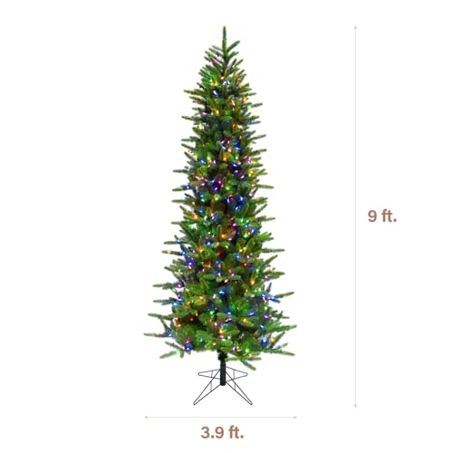 9 Ft. Carmel Pine Slim Artificial Christmas Tree with Dual Multicolor & Warm White LED Lights and Stand