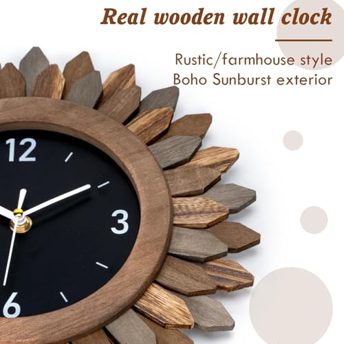 Wall Clock Battery Operated 12 in Rustic Wood Boho Sunburst Decorative Wall Clock Silent Non Ticking Farmhouse Small Wall Clocks for Living Room Kitchen Bathroom Bedroom Decor