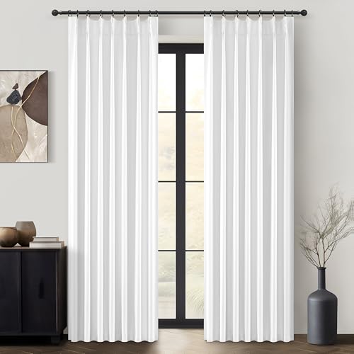 Bright White Pinch Pleated Blackout Curtains 90 Inches Long for Bedroom