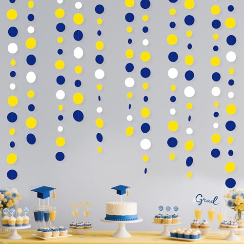 46Ft Navy Blue and Yellow Circle Dots Garland Royal Blue Yellow White Hanging Paper Polka Dot Streamer for Graduation Birthday Wedding Bridal Shower Nautical Ahoy Achor Party Decorations Supplies