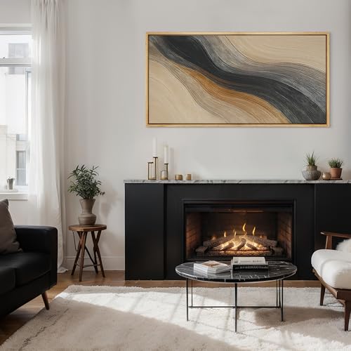 Extra Larg Framed Canvas Print Wall Art Abstract Wave Pattern Neutral Black and Brown Modern Geometric Illustrations Decorative Colorful for Bedroom