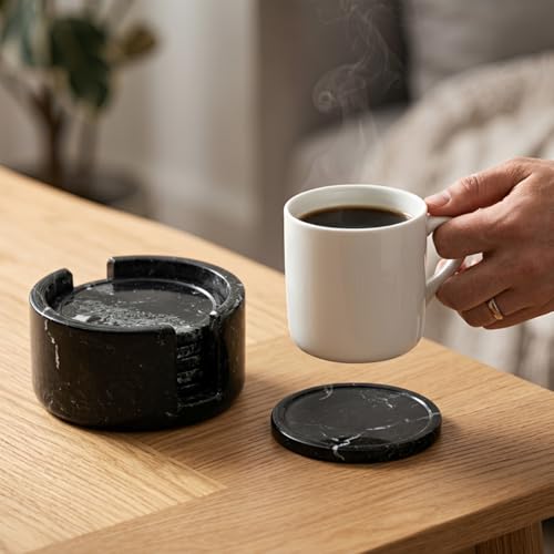 Round Marble Coasters Set of 6 with Holder (6 Count)