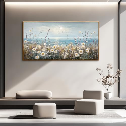 Large Canvas Printing Artworks Mural Wall Decor For Living Room Wall Art For Bedroom Office Decor Blue Ocean Paintings Flowers Watercolour Wall Pictures Home Decor Wood Framed 30x60 In