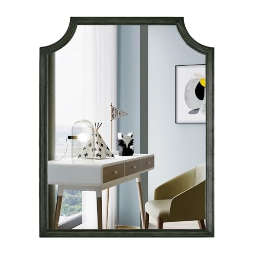 Scalloped Wood Mirror for Wall Decor 16x20 Inch Black Small Bathroom Vanity Rectangle Mirror for Hallway Bedroom Living Room