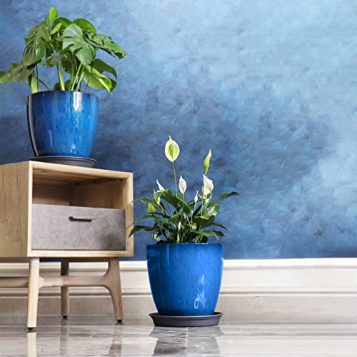 Garden Plastic Round 11.8" Diameter 12" Tall Planter Resin Glazed Faux Ceramic Flower Pots Drainage Hole with Saucer Decorative Pot 15580