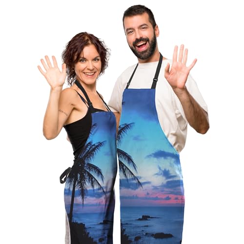 Kitchen Aprons for Men Hawaii Beach Blue Sunset Apron for Women for Cooking Restaurant BBQ Painting Crafting Gardening 27”