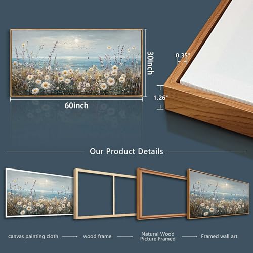 Large Canvas Printing Artworks Mural Wall Decor For Living Room Wall Art For Bedroom Office Decor Blue Ocean Paintings Flowers Watercolour Wall Pictures Home Decor Wood Framed 30x60 In