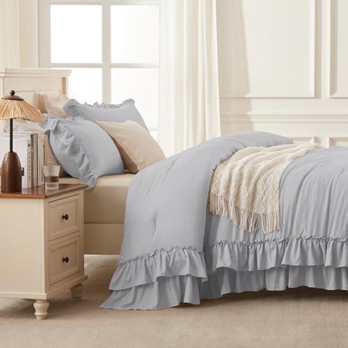 Silver Gray Ruffle California King Comforter Set