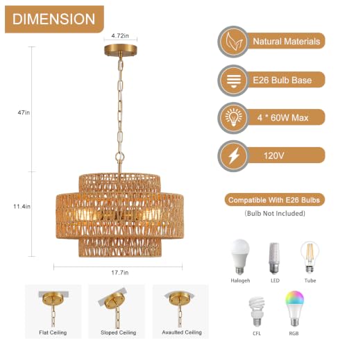 17.8" Gold Rattan Chandelier (4 Count)