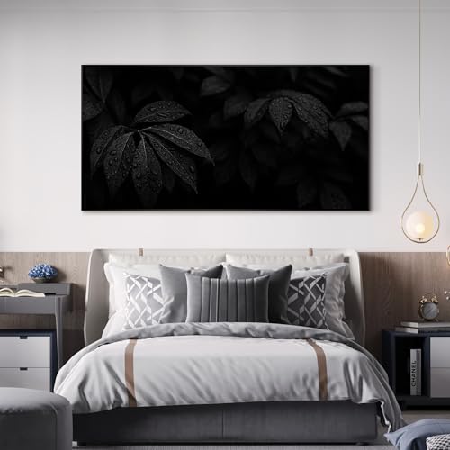 36"x72" Extra Large Framed Wall Art Black and White Botanical Leaves with Raindrops for Home Living Room Bedroom Decor