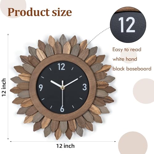 Wall Clock Battery Operated 12 in Rustic Wood Boho Sunburst Decorative Wall Clock Silent Non Ticking Farmhouse Small Wall Clocks for Living Room Kitchen Bathroom Bedroom Decor