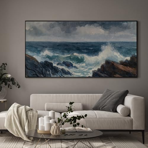 24"x46" Extra Large Framed Wall Art Rocky Seashore with Crashing Waves and Moody Sky for Home Living Room Bedroom Decor