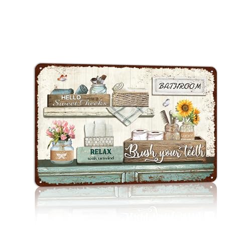 Farmhouse Bathroom Metal Tin Signs Rustic Flower Country Wall Art Decor