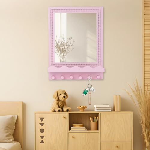 16x12 Inch Wall Mount Beaded Wood Framed Mirror with Shelf and 6 Hooks