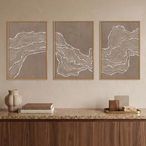 Abstract Neutral Wave Line Framed Canvas Wall Art Set
