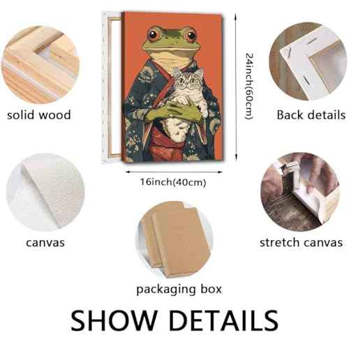 Japanese Frog Wall Art Funny Frog Posters Cute Cat Poster Japanese Cat Poster Funny Animal Wall Art Retro Animal Prints Whimsical Prints Aesthetics Vintage Abstract Painting Decor 16x24inch Framed