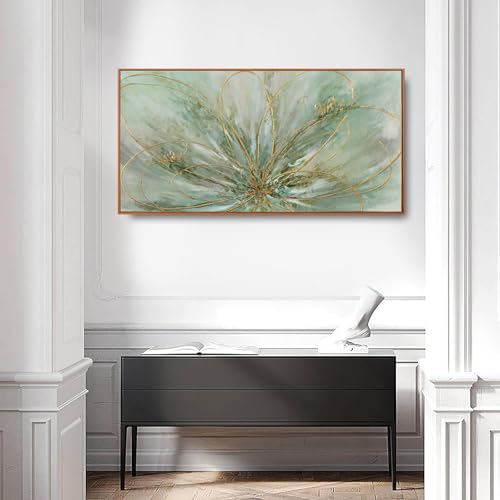Green Abstract Canvas Artwork Flowers Wall Decor for Office Line Art Painting 24"x 48" Pictures for Bedroom Dining Room Neutral Wall Art