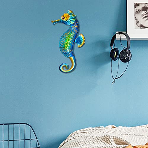 Seahorse Sea Wall Decor Outdoor Metal Garden Hanging Art Glass Sculptures Home Ocean Theme Decorations for Kitchen Bathroom and Pool