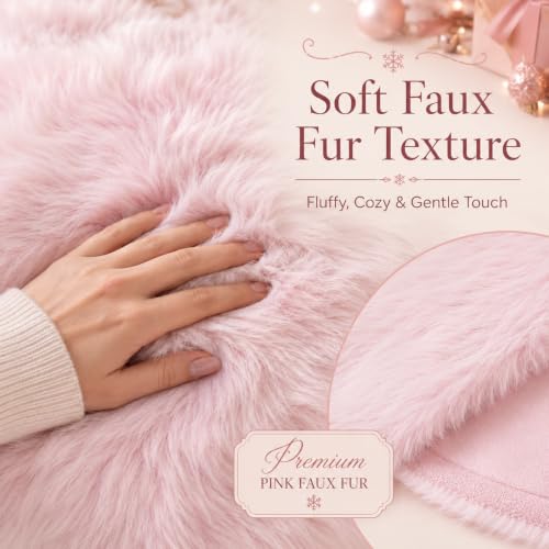 48 Inch Faux Fur Christmas Tree Skirt Pink Plush Skirt for Merry Christmas Party Christmas Tree Decoration