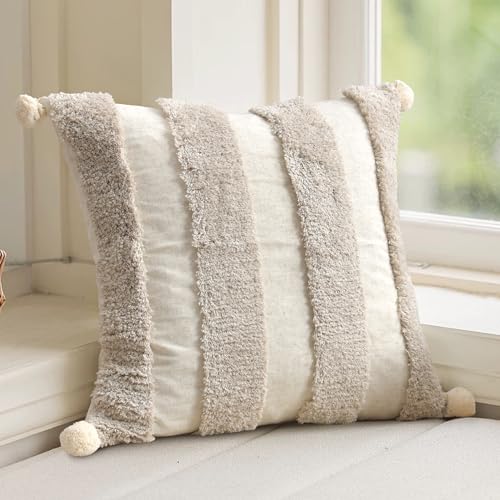 Boho Throw Pillow Covers 18x18 Tufted Home Decor Natural Beige
