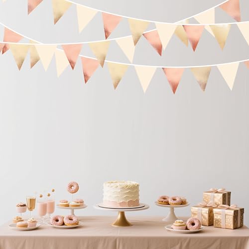 Rose Gold Champagne Gold Beige Party Decorations Metallic Fabric Triangle Flag Pennant Banner Garland Bunting for Engagement Bridal Shower Wedding Birthday Baby Shower Graduation Decoration Supplies (32 Foot)