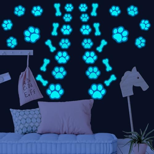 127 Glow in The Dark Dog Paw Stickers Luminous Removable Vinyl Wall Decals for Kids Nursery Bedroom