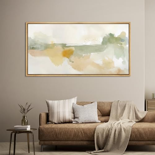 Extra Large Framed Canvas Print Wall Art Serene Watercolor Landscape in Green and Yellow Tones Antique Retro Fine Art Illustrations Decorative Colorful for Bedroom