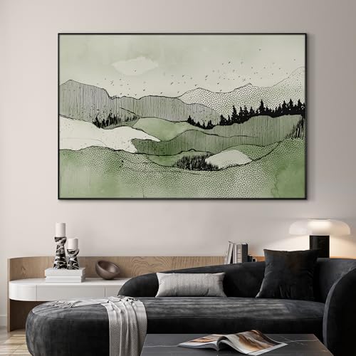 46"x72" Extra Large Framed Wall Art Green Line Art Mountain Landscape Illustration for Home Living Room Bedroom Decor