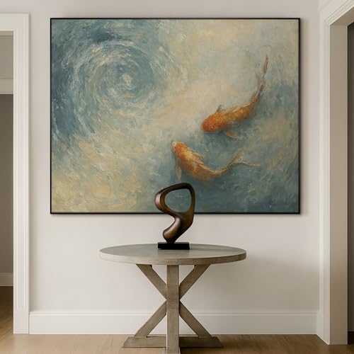 36"x46" Extra Large Framed Wall Art Koi Fish Swirl Tranquil Water Illustration for Home Living Room Bedroom Decor