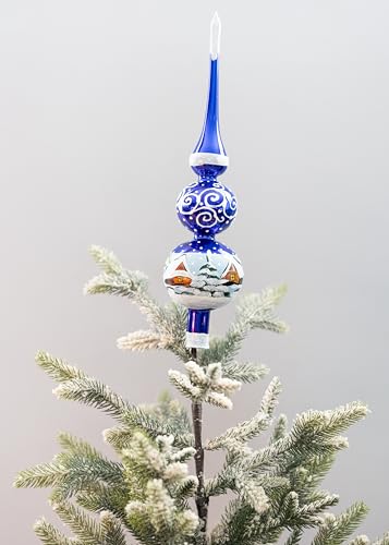 12 Inch Blue Gloss Spitz Glass Christmas Tree Topper Mouth Blown by Polish Artisans and Hand Decorated with Gold and Silver Embellishments Made in Poland