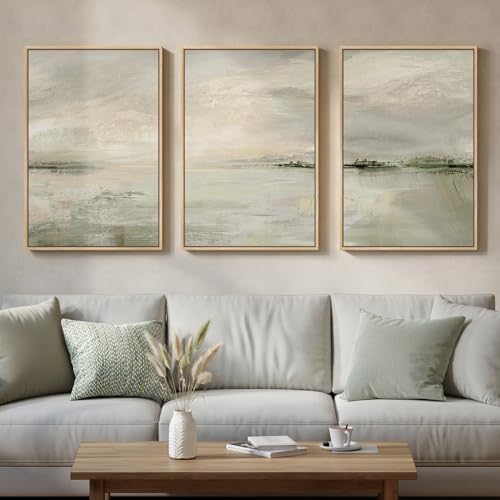 Large Framed Sage Green Abstract Landscape Wall Art (3 Count)