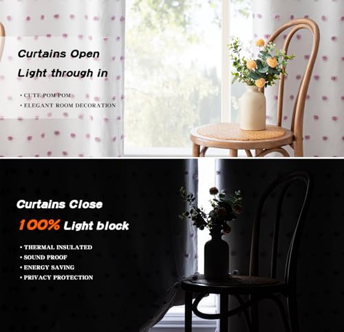 100% Blackout Curtains for Living Room 95 Inch Long Total Light Blocking Curtains for Sliding Door 2 Panels Grommet Room Darkening Girls Bedroom Drapes with Purple Pom Pom Sheer 50 x 95 in (2 Count)