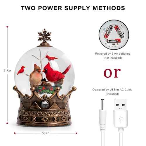 Christmas Snow Globe Lantern Water Glittering Cardinal Crown with Music