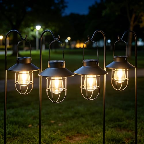 4 Pack Hanging Solar Lantern Lights with Shepherd Hook (4 Count)