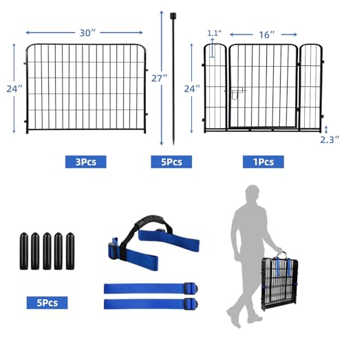 24 in(H) Garden Fence with Gate, 4 Panels Total 9.8 Ft(L), Heavy Duty Iron Metal Animal Barrier Fence, Camping Fence, No Dig Garden Border Fencing for Yard (10 Sq Ft)
