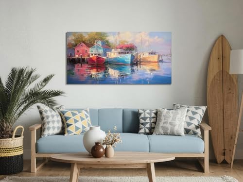 Lake Wall Art Sailboat Nautical Canvas Painting Framed Large 40"x20"