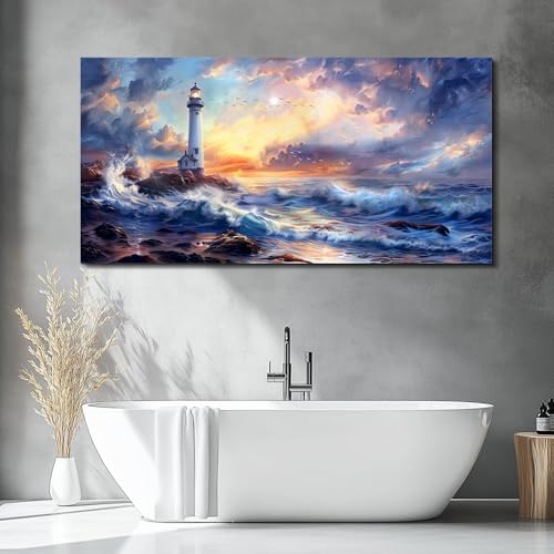Wall Art For Bedroom Wall Decorations For Living Room Modern Office Wall Decor Seaside Scenery Lighthouse Mountain Pictures Canvas Printed Artwork Restaurant Home Decor Aesthetics 24"X48"