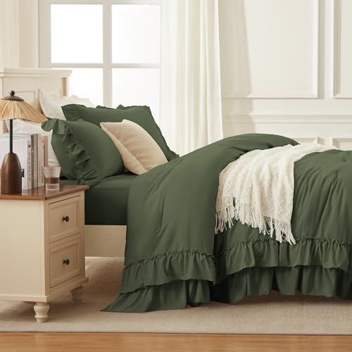 Olive Green Ruffle Comforter Set Queen Size