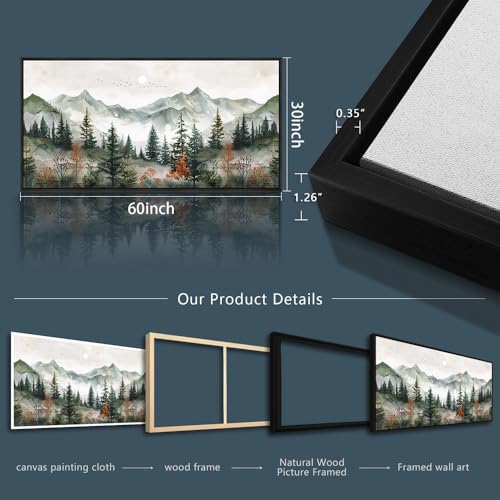 Black Framed Canvas Wall Art For Living Room Large Wall Decor For Office Bedroom Decorations Forest Mountain Pictures Modern Paintings Artworks Mural Aesthetic Home Decor 30x60 In